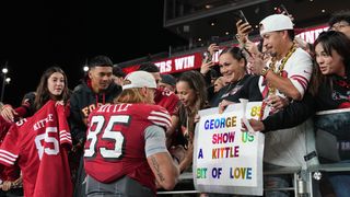 Week 8 NFL Top Props: Earn your Skittles, George Kittle (NFL). Photo by Darren Yamashita-Imagn Images